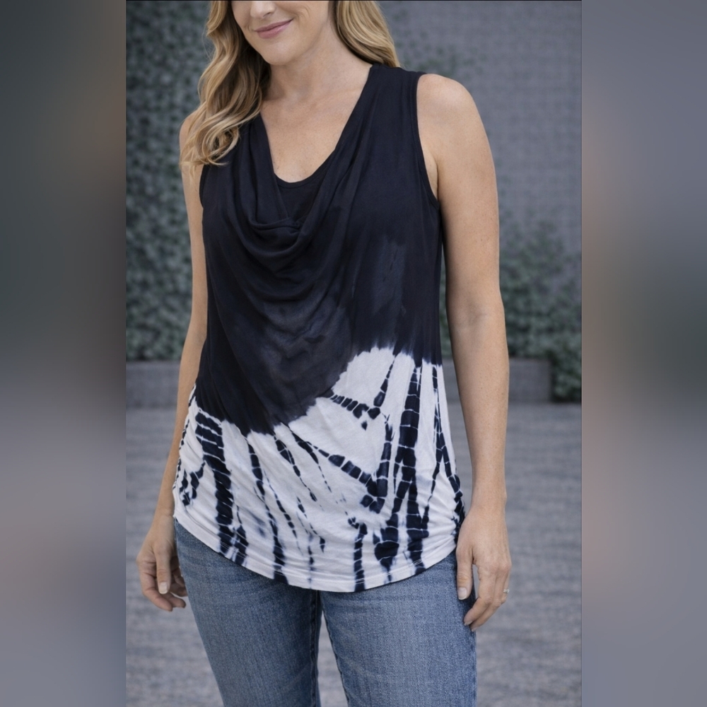 Young Fabulous & Broke Tie Dye Sleeveless Top Navy Blue White Draped Tank XS